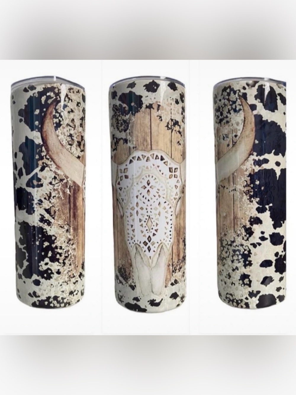 20oz Rustic White and black cow skull tumbler